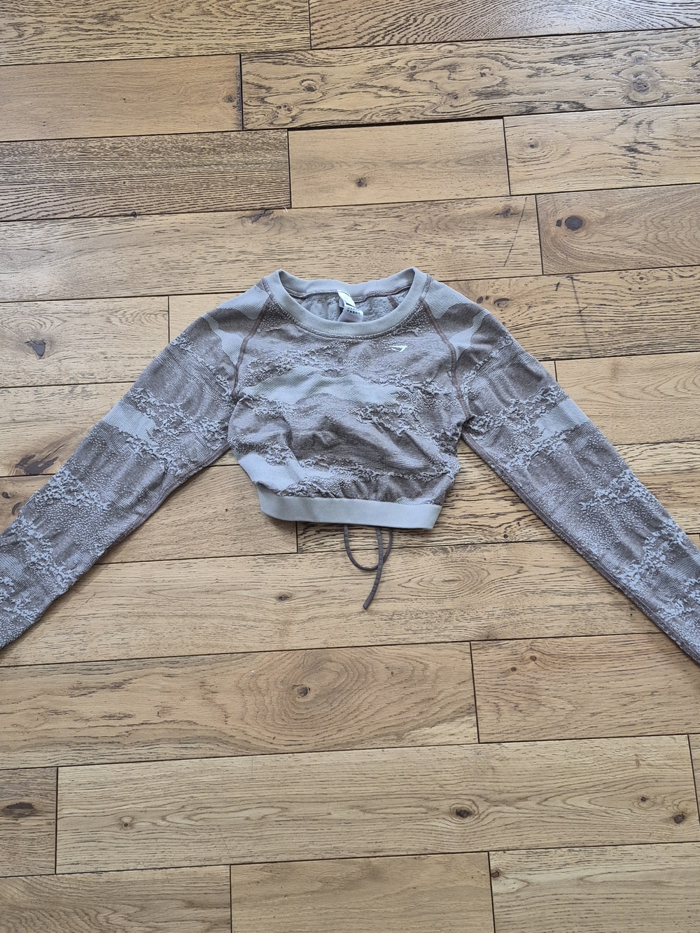 Gymshark Taupe Cropped Long-Sleeve Lace-Texture Top